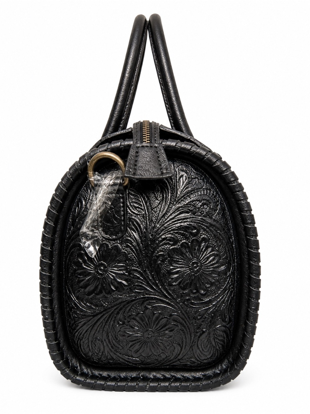Hand Tooled Leather Speedy Bag Black Floral Western Satchel Large - Picture 2 of 6